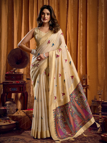 Rajwada Cream Cotton Blend Woven Saree For Women