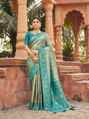 Rajwada Teal Blue Silk Blend Woven Banarasi Saree For Women