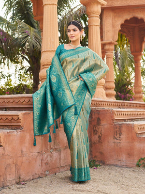 Rajwada Teal Blue Silk Blend Woven Banarasi Saree For Women