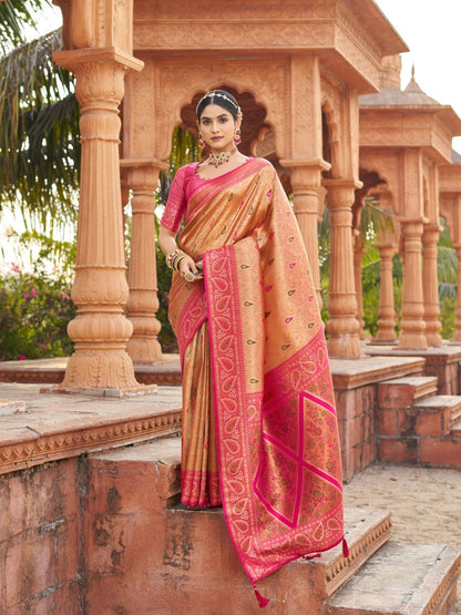 Rajwada Orange Silk Blend Woven Banarasi Saree For Women