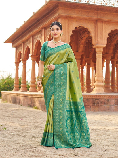 Rajwada Green Silk Blend Woven Banarasi Saree For Women