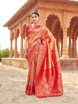 Rajwada Red Silk Blend Woven Banarasi Saree For Women