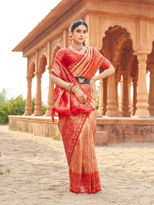 Rajwada Red Silk Blend Woven Banarasi Saree For Women