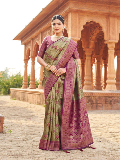 Rajwada Olive Silk Blend Woven Banarasi Saree For Women