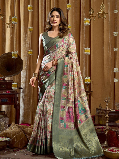 Rajwada Multicolour Silk Blend Printed Banarasi Saree For Women
