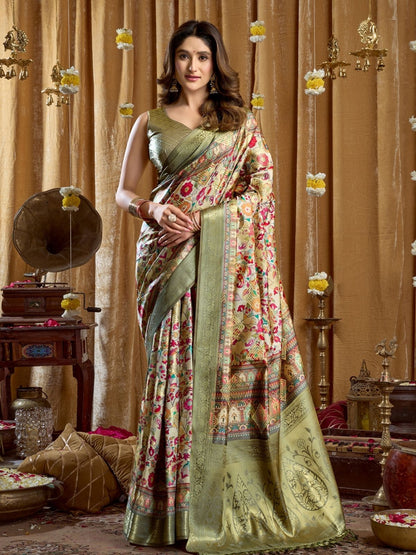 Rajwada Multicolour Silk Blend Printed Banarasi Saree For Women