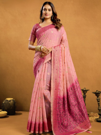 Rajwada Light Pink and Mauve Cotton Blend Woven Saree For Women