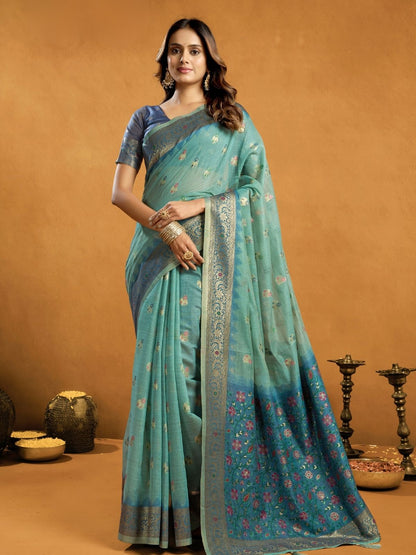 Rajwada Blue Cotton Blend Woven Saree For Women