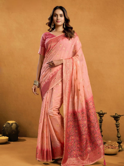 Rajwada Peach and Mauve Cotton Blend Woven Saree For Women