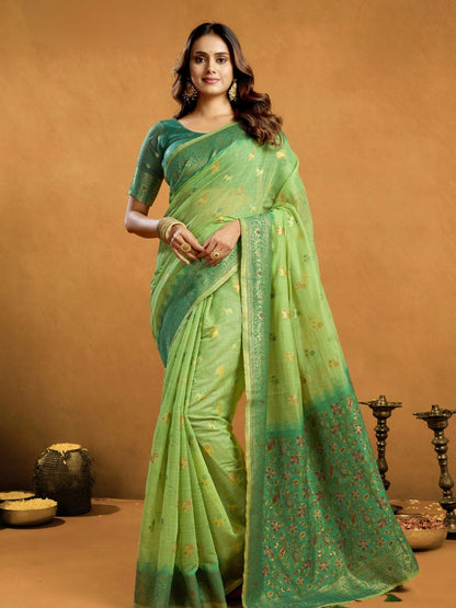 Rajwada Light Green Cotton Blend Woven Saree For Women