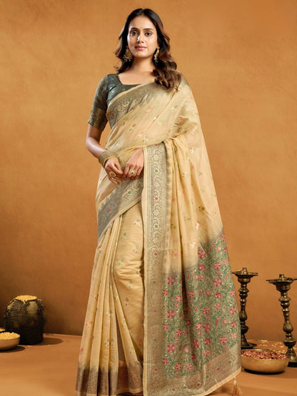 Rajwada Light Yellow Cotton Blend Woven Saree For Women