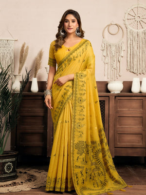 Rajwada Yellow Cotton Blend Printed Saree For Women