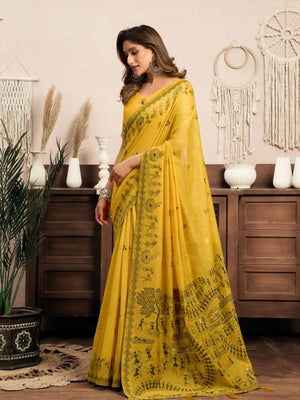 Rajwada Yellow Cotton Blend Printed Saree For Women