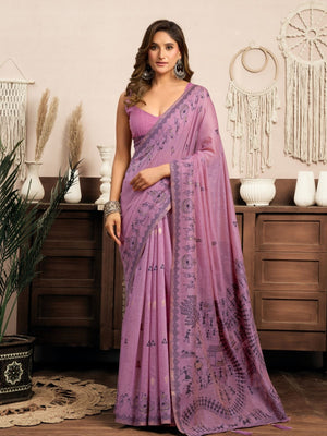 Rajwada Purple Cotton Blend Printed Saree For Women