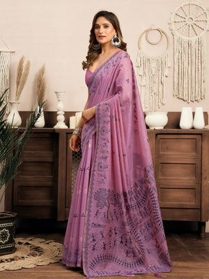 Rajwada Purple Cotton Blend Printed Saree For Women