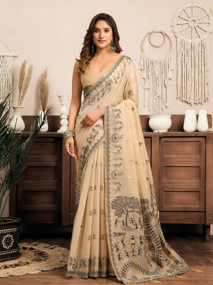 Rajwada Beige Cotton Blend Printed Saree For Women