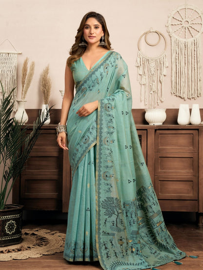 Rajwada Light Blue Cotton Blend Printed Saree For Women
