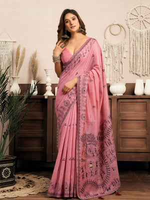 Rajwada Pink Cotton Blend Printed Saree For Women