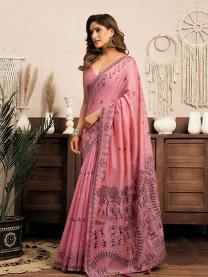 Rajwada Pink Cotton Blend Printed Saree For Women