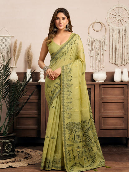 Rajwada Green Cotton Blend Printed Saree For Women
