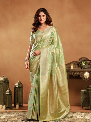 Rajwada Pista Green Silk Blend Woven Saree For Women