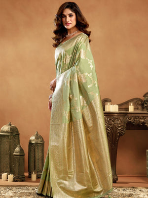 Rajwada Pista Green Silk Blend Woven Saree For Women