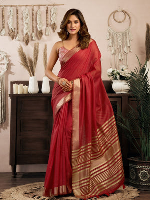 Rajwada Red Cotton Blend Woven Saree For Women