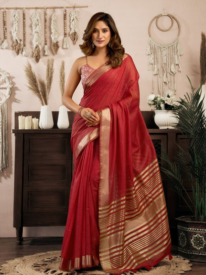 Rajwada Red Cotton Blend Woven Saree For Women