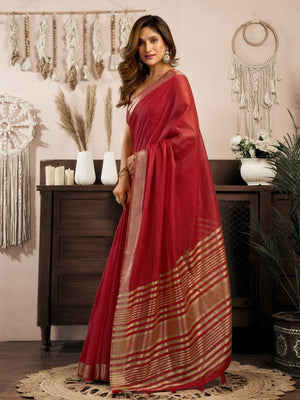 Rajwada Red Cotton Blend Woven Saree For Women
