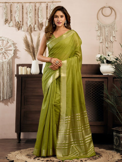 Rajwada Olive Green Cotton Blend Woven Saree For Women