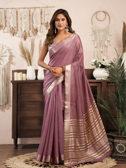 Rajwada Mauve Pink Cotton Blend Woven Saree For Women