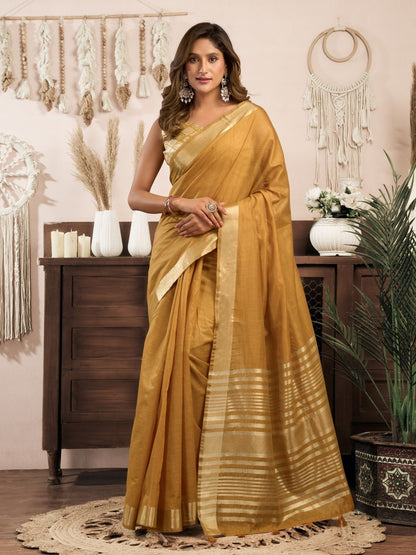 Rajwada Yellow Cotton Blend Woven Saree For Women