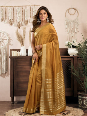 Rajwada Yellow Cotton Blend Woven Saree For Women