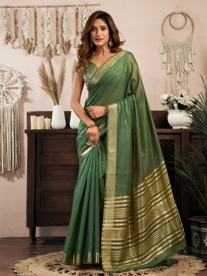 Rajwada Green Cotton Blend Woven Saree For Women