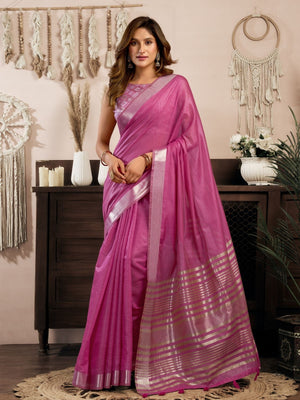 Rajwada Pink Cotton Blend Woven Saree For Women