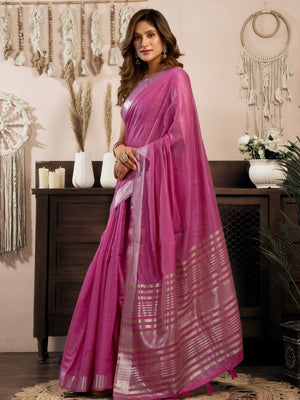 Rajwada Pink Cotton Blend Woven Saree For Women
