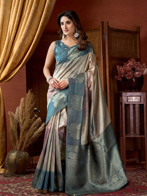 Rajwada Teal Green Cotton Blend Printed Saree For Women