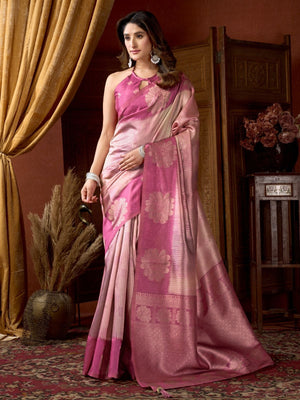 Rajwada Pink Cotton Blend Printed Saree For Women
