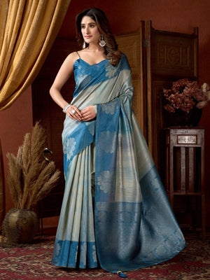 Rajwada Teal Blue Cotton Blend Printed Saree For Women
