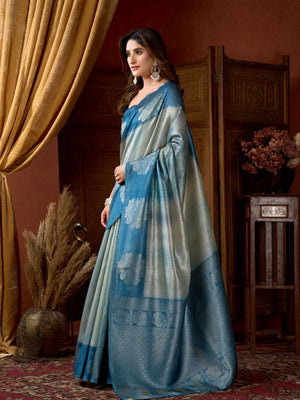 Rajwada Teal Blue Cotton Blend Printed Saree For Women