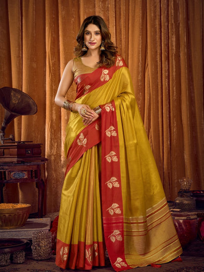 Rajwada Mustard Silk Blend Woven Saree For Women