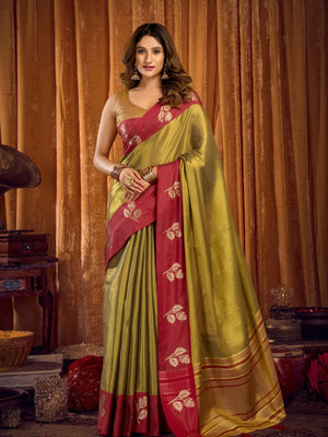 Rajwada Red and Olive Silk Blend Woven Saree For Women