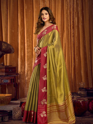 Rajwada Red and Olive Silk Blend Woven Saree For Women