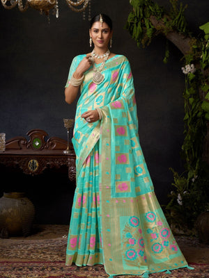 Rajwada Turquoise Silk Blend Woven Saree For Women