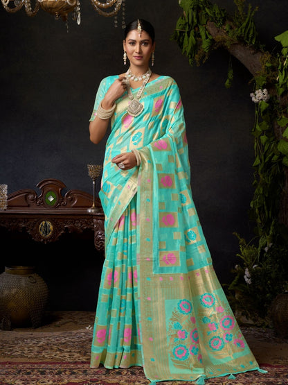 Rajwada Turquoise Silk Blend Woven Saree For Women