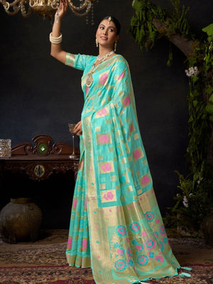 Rajwada Turquoise Silk Blend Woven Saree For Women