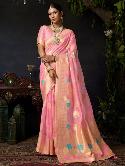 Rajwada Light Pink Silk Blend Woven Saree For Women