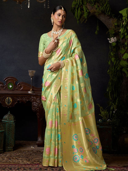 Rajwada Light Green Silk Blend Woven Saree For Women