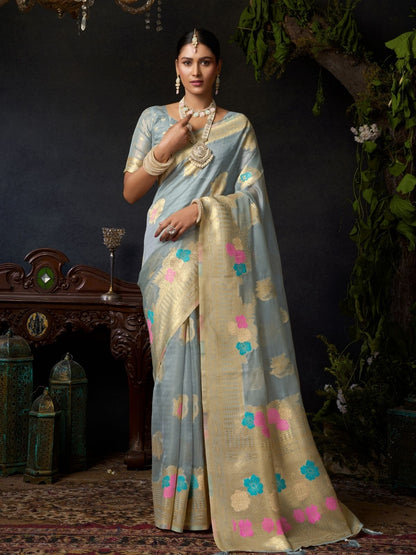 Rajwada Grey Silk Blend Woven Saree For Women