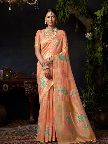 Rajwada Peach Silk Blend Woven Saree For Women